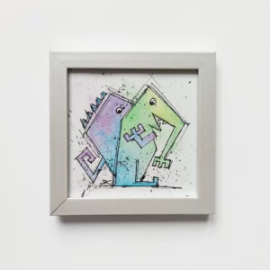 a picture frame with a drawing of two lizards