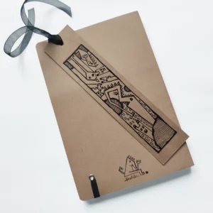 a brown tag with a black ribbon